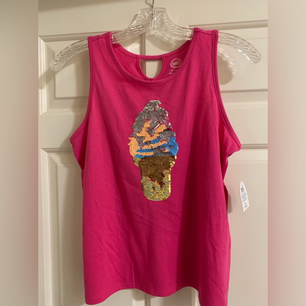 NWT Girls hot pink barbie pink tank top with sequence ice cream cone